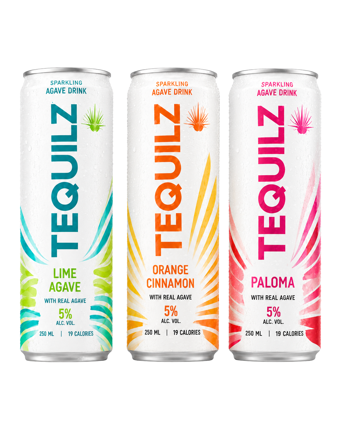 TEQUILZ drie blikjes naast elkaar: Lime Agave, Orange Cinnamon en Paloma